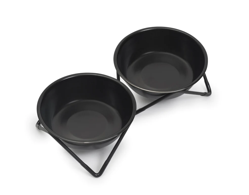 Meow Meow Double Cat or Small Dog Bowl - Black Base/Black Bowls