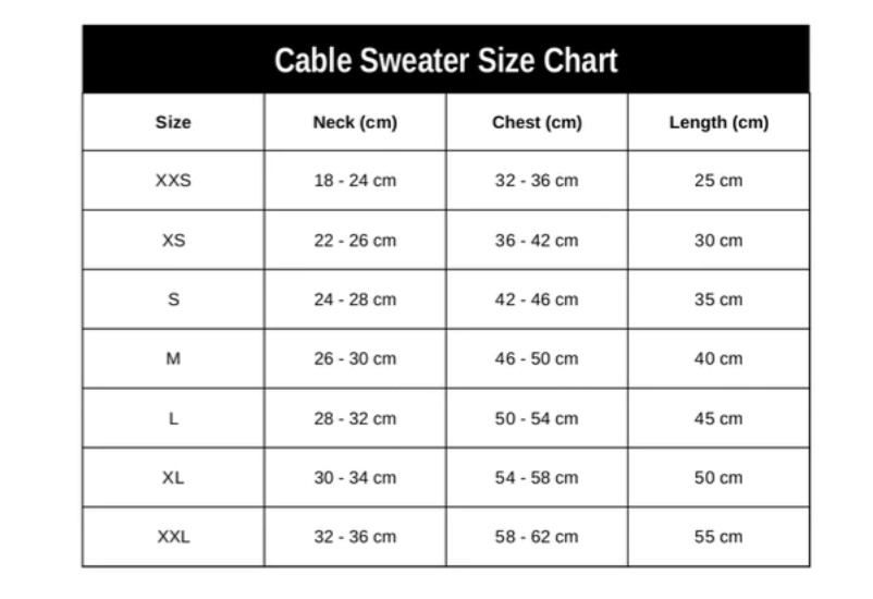 Cable Sweater Dog Size Chart