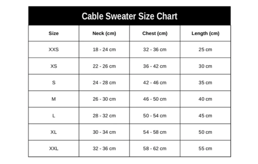 Dog sizing chart for cable sweaters