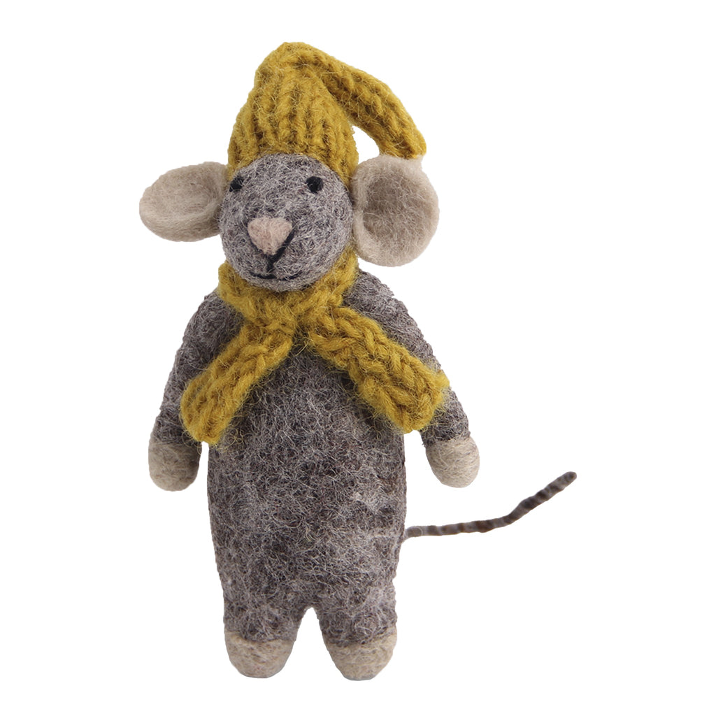 Grey Mouse with Yellow Hat & Scarf - Felted Decoration