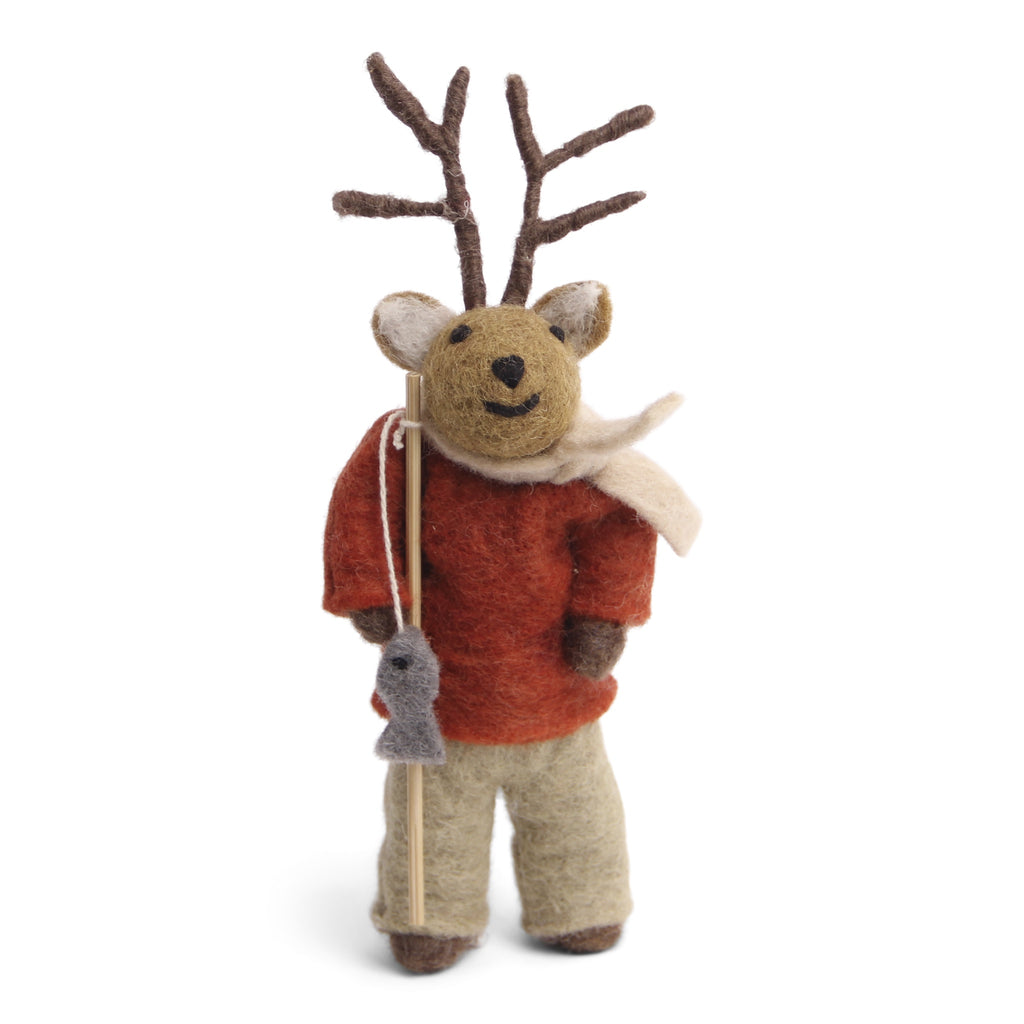 Small Brown Boy Deer with Fishing Pole Felted Decoration