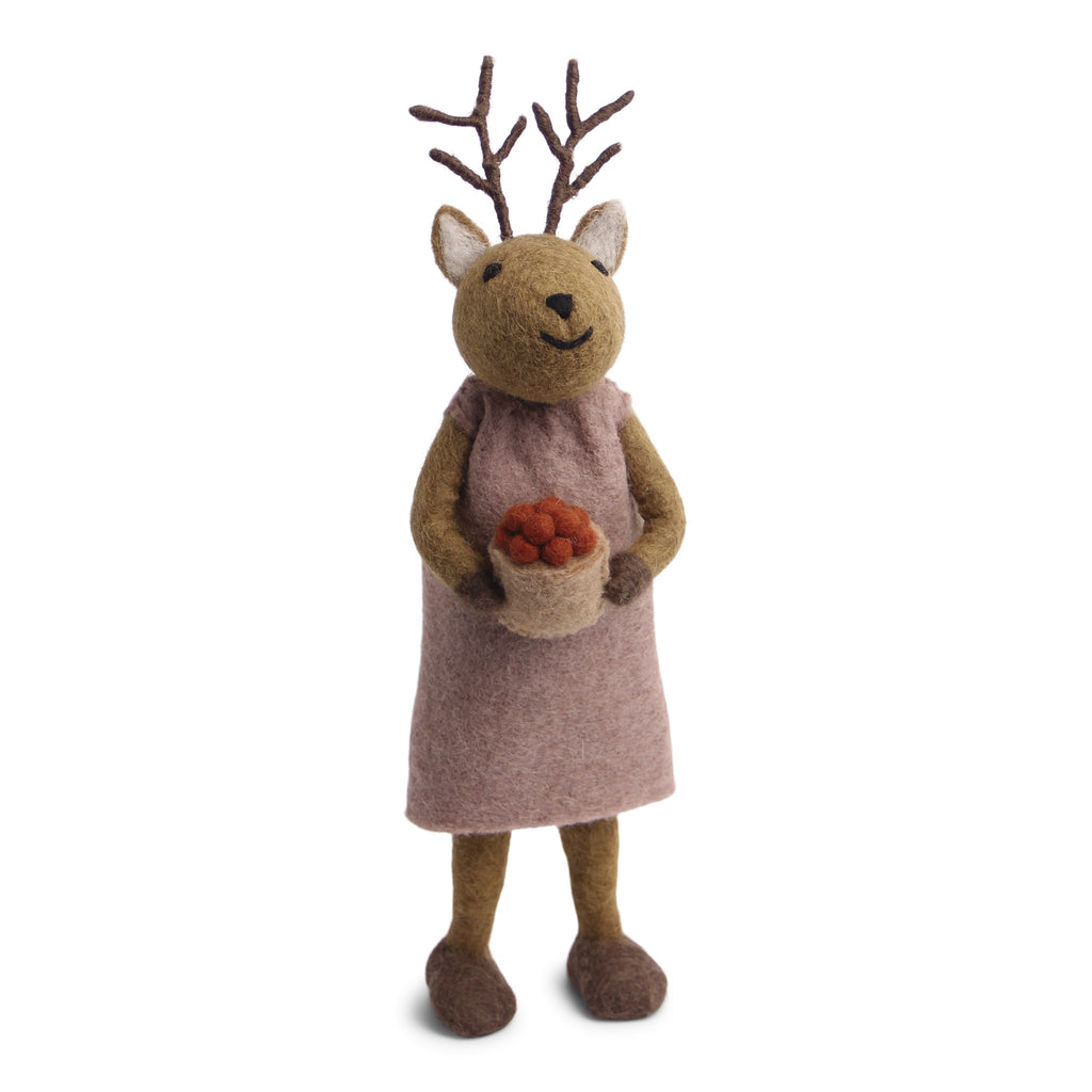 Big Brown Girl Deer with Berries Felted Decoration