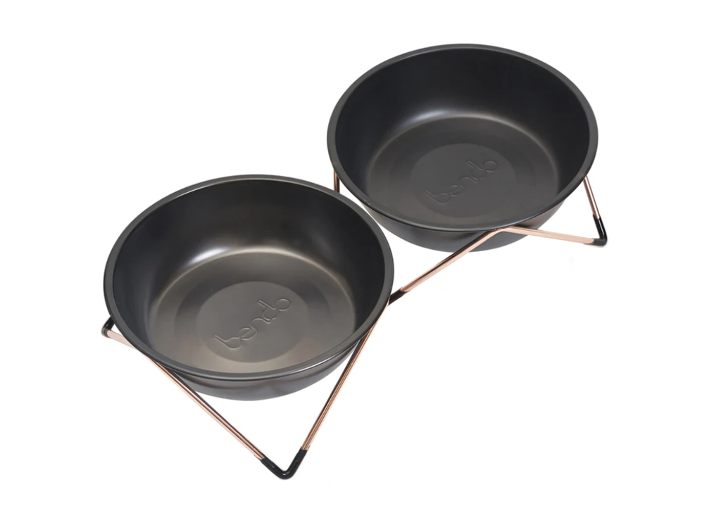 Woof Woof Double Dog Bowl - Copper Base/Black Bowls