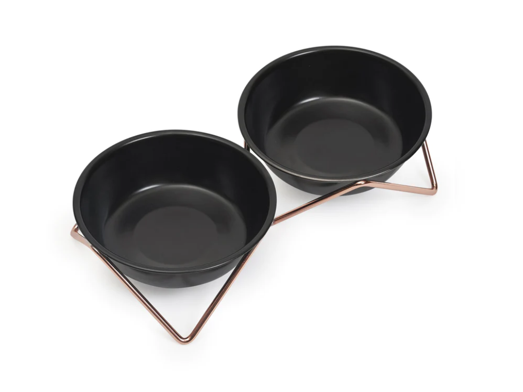 Meow Meow Double Cat Bowl - Copper Base/Black Bowls