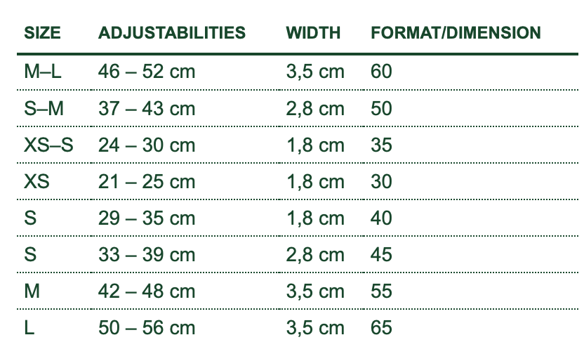 Size chart for Hunter Porto Collars