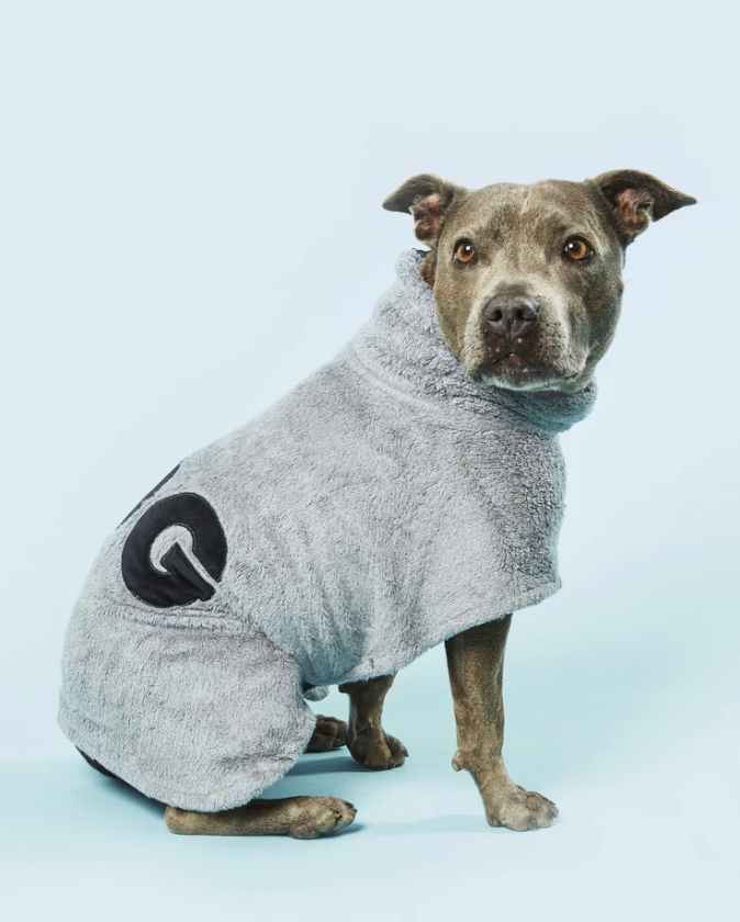 Grey dog poncho by Dog by Dr Lisa - ultimate wet-dog accessory