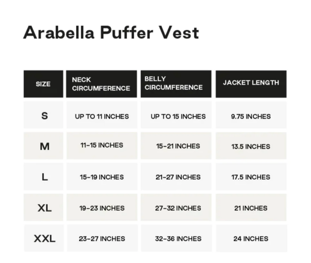 Arabella Puffer Vest Jacket size chart for your dog